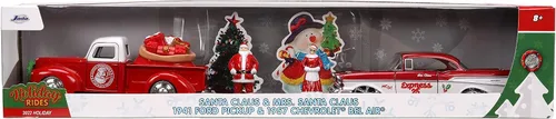 Miniatura 2 de Jada Toys Holiday Rides 1:32 1941 Ford Pickup y 1957 Chevy Bel-Air - Coche fundido a presión con figura de Papá Noel y Sra. Santa Claus de 1.65