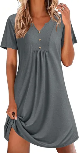 Miniatura 19 de Ekouaer Camisones para mujer de algodón Vestidos de noche Plisados Camisones Henley Cuello en V Camisas de dormir de manga corta Ropa de dormir