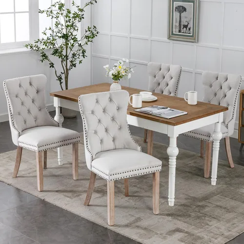 Miniatura 2 de Juego de 2 sillas de comedor modernas, sillas de comedor tapizadas acolchadas con patas de madera maciza, silla de cocina de tela de lino beige
