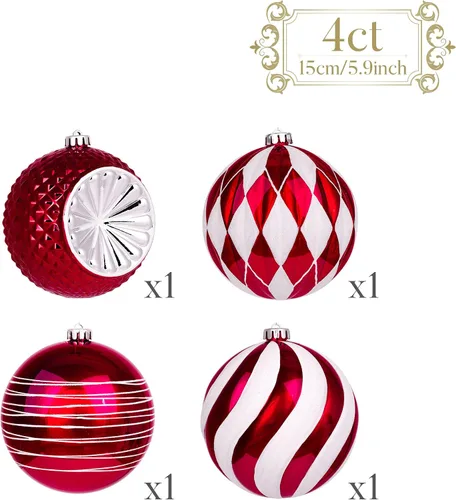 Miniatura 4 de Valery Madelyn Juego de adornos de árbol de Navidad extra grandes de 5.9 pulgadas, 4 unidades, color rojo y blanco, inastillables, adornos colgantes