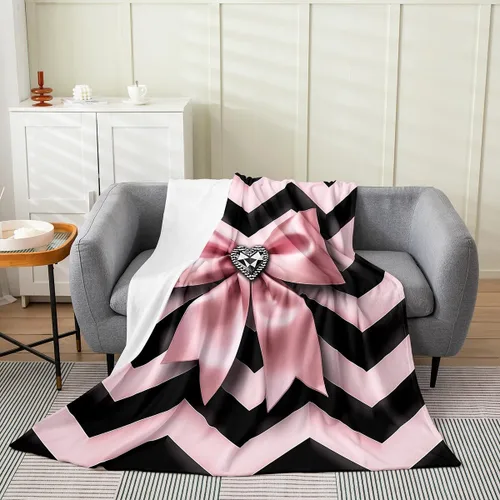 Erosebridal Manta de franela con nudo de lazo para niñas, 40 x 50 pulgadas, diseño de rayas de diamante, para sofá cama y cama de vellón para niños
