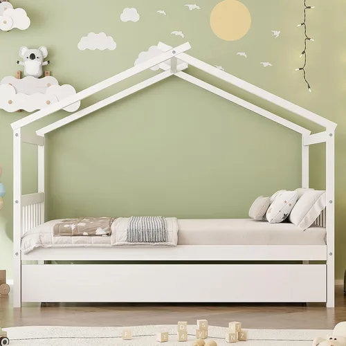 Miniatura 17 de Harper & Bright Designs Cama de madera con nido, marco de cama Platforn para niños de tamaño individual con rieles de valla y techo para niñas