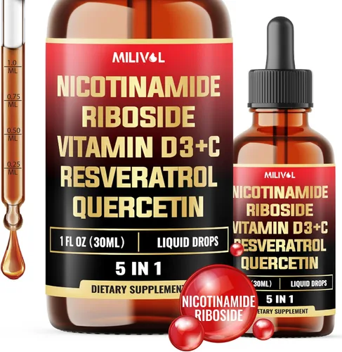 Gotas líquidas NAD+ 5 en 1 con ribósido de nicotinamida NR 900 mg, quercetina 500 mg, trans-resveratrol 500 mg, vitamina D3-C - Energía celular y