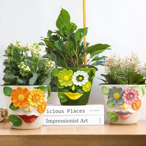 Miniatura 6 de GUGUGO Macetas únicas de cara para plantas, coloridas y lindas macetas para suculentas con drenaje, macetas abstractas de cabeza de arco iris