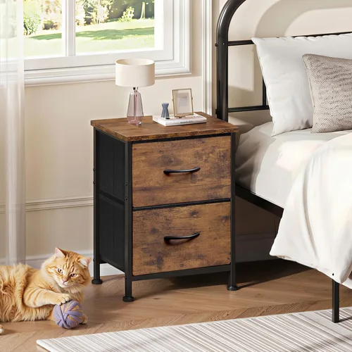 Miniatura 2 de WLIVE - Mesita de noche pequeña con 2 cajones y parte superior de madera, mesita de noche con contenedores de tela, mesa auxiliar para dormitorio