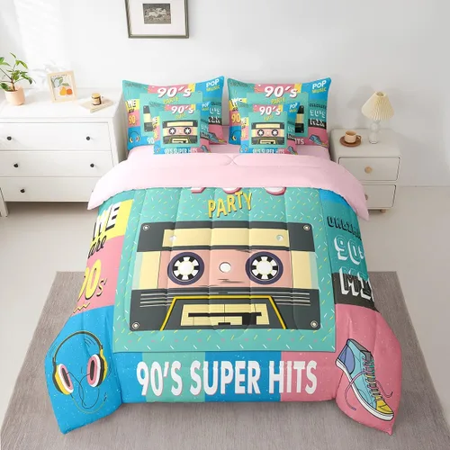 Miniatura 9 de Erosebridal Juego de ropa de cama de cassette vintage de los años 80 y 90, juego de edredón de 7 piezas para niños y adultos, retro, amarillo