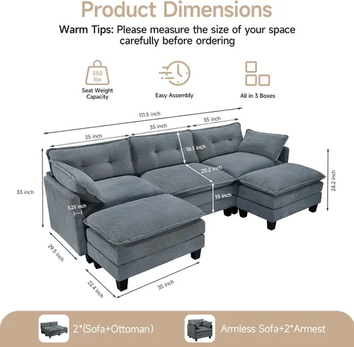 Miniatura 2 de Amsleekey Sofá Seccional Modular, Sofá Seccional de Pana en Forma de U de 111.5" Cómodo para Sala de Estar, Sofás Seccionales de Nube de 3 Plazas