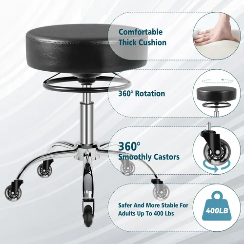 Miniatura 7 de Taburete rodante con ruedas, capacidad de peso de 400 libras, silla de pestañas resistente ajustable para tatuajes, laboratorio, masaje, spa, Negro