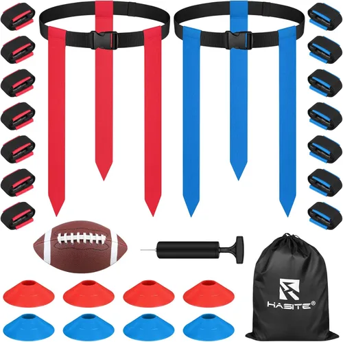 Set de fútbol con bandera para 14 jugadores, cinturones ajustables de fútbol con bandera, 42 banderas, 8 conos de práctica, balón de fútbol tamaño