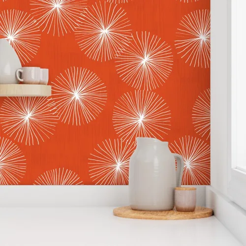 Miniatura 8 de Spoonflower Muestro de papel tapiz extraíble - Dandelions Mid Century Mod Circle Copo de nieve redondo Minimalista Naranja Rojo Papel pintado