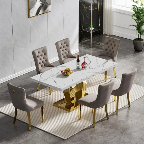 Miniatura 100 de Juego de mesa de comedor de mármol sintético, 7 piezas, juego de mesa de cocina y comedor para 6, mesa de comedor rectangular blanca de 70 pulgadas