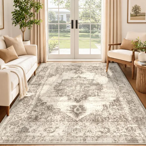 Miniatura 23 de Alfombra de Área 5x7 Alfombras Vintage: Alfombra Medallón Lavable para Interiores de Pelo Bajo Desgastada Alfombra de Piso Alfombras de Acento Retro