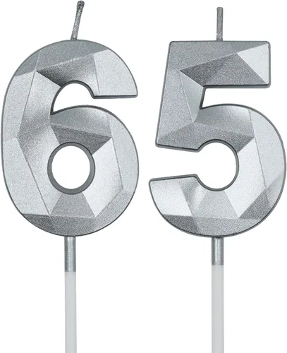 Velas de cumpleaños de 65 y 56 para pastel, número plateado 65 56 3D con forma de diamante, decoración de cumpleaños, suministros de fiesta para