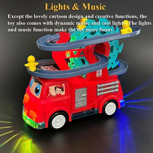 Miniatura 6 de Juguete deslizante de motor de bomberos 2 en 1 para niños – Juego interactivo para niños pequeños con música, luces, pista de carreras y noria