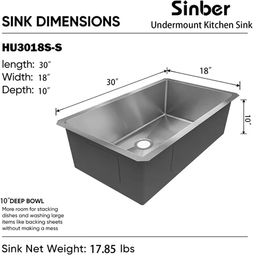 Miniatura 4 de Sinber HU3018S - Fregadero de cocina de un solo tazón con montaje bajo encimera, 30" x 18" x 10", acabado satinado de acero inoxidable calibre 18 304