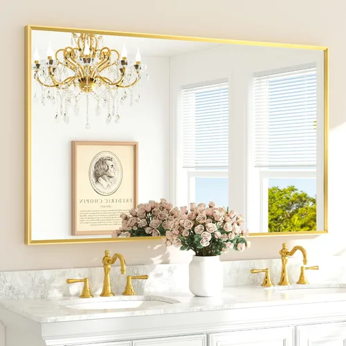 Miniatura 63 de TETOTE Espejo de Baño Dorado de 16" x 20" Latón Dorado Cepillado Rectangular con Marco Biselado Espejo de Tocador de Baño para Sobre el Lavabo