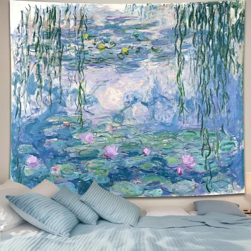 Avinyl Monet Waterlily - Tapiz de pared vintage, póster de arte floral azul para dormitorio, niñas, niños, pequeño estanque de flores naturales para