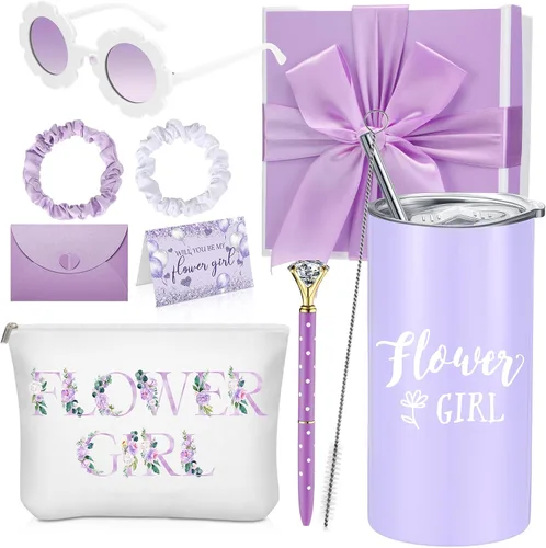 Miniatura 8 de Sieral Juego de 9 Piezas de Regalos de Propuesta para Niña de Flores, Vaso Personalizado para Niña de Flores con Pajita, Caja de Regalo para Novia