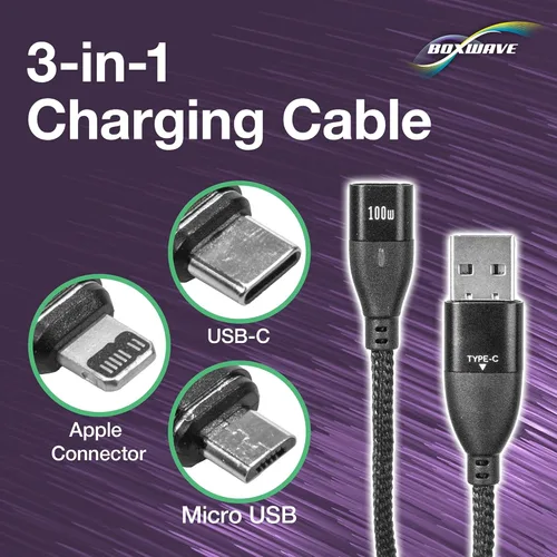 Miniatura 3 de BoxWave Cable compatible con GameSir X2 (2021) - MagnetoSnap PD AllCharge Cable (100W), imán PD 100W cable de carga USB tipo C Micro USB - Negro