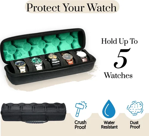 Miniatura 3 de AUKURA Funda de viaje para reloj, 5 ranuras con cremallera dura, caja de transporte y organizador para hombres y mujeres, con almohada suave