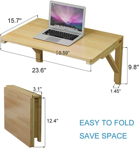 Miniatura 2 de MM MELISEN Mesa plegable de madera maciza para montar en pared, natural, 23.6 pulgadas de profundidad x 15.7 pulgadas de ancho. Un escritorio