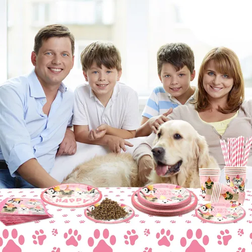 Miniatura 7 de Decoraciones de fiesta de perro, suministros de vajilla de fiesta de cumpleaños con diseño de pata de cachorro rosa, incluye platos llanos de 9