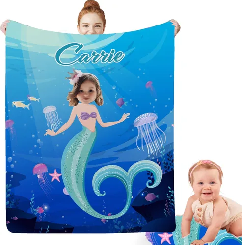 Miniatura 20 de Regalos de Sirena para Niñas, Manta de Bebé Personalizada Pequeña Sirena con Nombre y Foto para Recién Nacidos, Mantas de Regalo Personalizadas