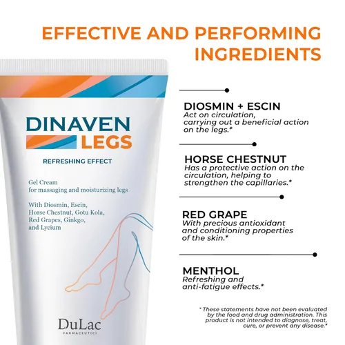 Miniatura 3 de Dulac, Dinaven Legs Gel Cream, refrescante y refrescante, con diosmina y mentol, extracto de castaño de indias, escoba de carnicero y vid roja