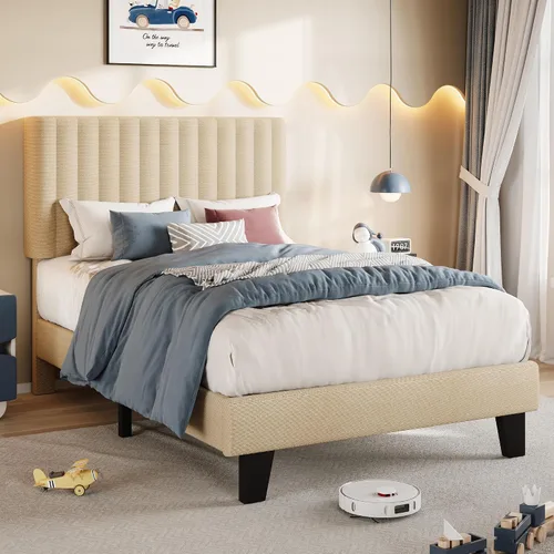 Miniatura 3 de Einhomn Base de cama tamaño individual con cabecero, base de cama tapizada de lino con listones de madera maciza, sin ruido, no necesita somier