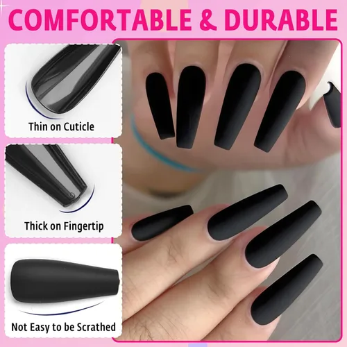 Miniatura 2 de AddFavor 120 uñas postizas negras a presión largas con pegamento y pestañas adhesivas, uñas acrílicas mate de cobertura completa para mujeres y niñas