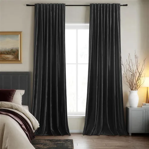 Miniatura 8 de Cortinas opacas de terciopelo de felpa negras de 63 pulgadas de largo para dormitorio, juego de 2 paneles de forro con bolsillo para barra, pestaña
