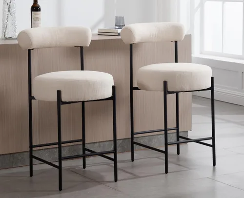 Miniatura 7 de EALSON Moderno juego de 2 taburetes de bar tapizados de lino con respaldo abierto curvo/asiento redondo, cómodas sillas de bar para isla de cocina