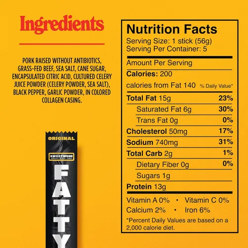 Miniatura 2 de Palitos de Carne FATTY, Hechos con Carne de Res Alimentada con Pasto, Cerdo Criado sin Antibióticos, 13g de Proteína por Palito, Original, De