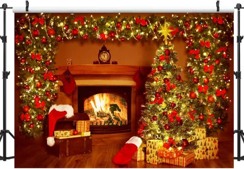 Miniatura 4 de Lofaris Telón de fondo de Navidad para chimenea, interior vintage, medias de árbol de Navidad, estrellas brillantes, fondo para fotografía, retrato