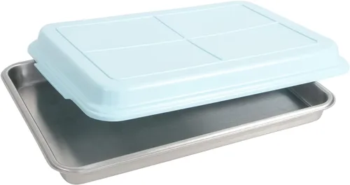 Homeplace Heritage - 10 x 15 - Sartén profunda para hornear - Acero inoxidable - Tapa de plástico sin BPA - Fabricado en Estados Unidos (azul)