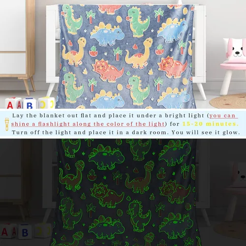 Miniatura 5 de Gdindff Bonita manta infantil que brilla en la oscuridad con diseño de dinosaurio para niños, de franela que brilla en la cama, sofá, sofá, manta