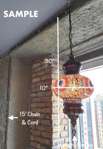 Miniatura 3 de DEMMEX Lámpara colgante de techo con globo de mosaico turco marroquí de 10 pulgadas XL, luz de techo enchufable con cadena y cable de 15 pies