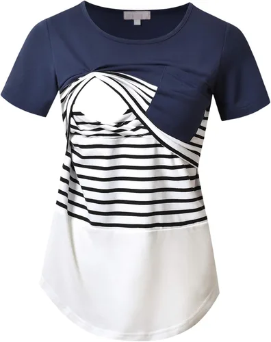 Miniatura 36 de Bhome Camiseta de lactancia con bloque de color de manga corta para lactancia materna camisa de embarazo con bolsillo