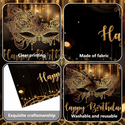 Miniatura 4 de AIBIIN Máscara de fondo de feliz cumpleaños de 7 x 5 pies, suministros de decoración de carnaval, cumpleaños, fiesta de baile, pancarta negra