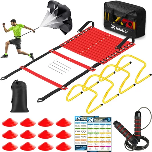 Miniatura 10 de X-UMEUS Agility Ladder Speed Training Equipment Set-20ft Agility Ladder,12 Soccer Cones,4 Hurdles, Jump Rope, Running Parachute Basketball Football