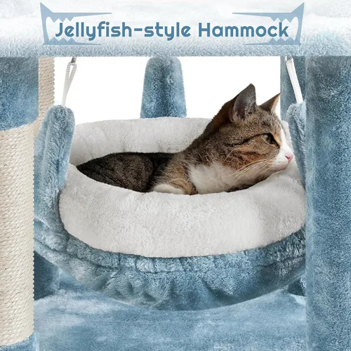 Miniatura 8 de Yaheetech Árbol para gatos con temática oceánica de 61 pulgadas de alto, torre para gatos de varios niveles con nido en forma de boca de tiburón
