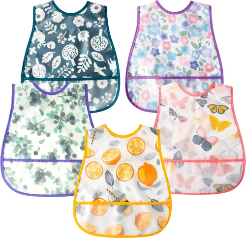 Miniatura 8 de R HORSE Juego de 5 baberos para bebés con bolsillo para atrapar migas y botón a presión, baberos impermeables para bebés de 6 a 24 meses Animal