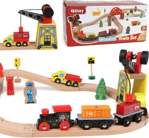 Miniatura 8 de Juego de trenes de madera Qilay para niños pequeños - 39 piezas de vías de tren de madera con grúa, puente y 5 trenes de madera - Juguetes de trenes