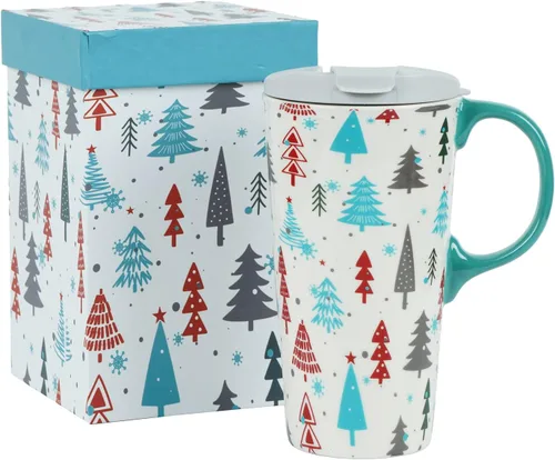 Miniatura 7 de Taza de café de cerámica de árbol de invierno de 17 onzas con tapa y caja de regalo, divertida taza de té de porcelana multicolor con leche, apta