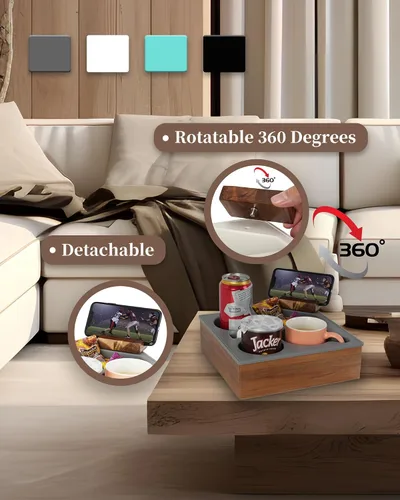 Miniatura 6 de Bandeja portavasos, silicona de grado alimenticio suave de madera de acacia para cama, asiento de automóvil, organizador de playa, impermeable, Negro