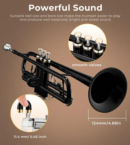 Miniatura 2 de Vangoa Bb Trompeta de latón estándar negro instrumento de trompeta para estudiantes, orquesta de banda escolar, adultos, niños, principiantes