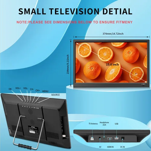 Miniatura 3 de Feihe Televisor de cocina pequeño de 15.6 pulgadas con sintonizador ATSC/HDMI/USB/AV, soporte de acero de TV integrado y control remoto