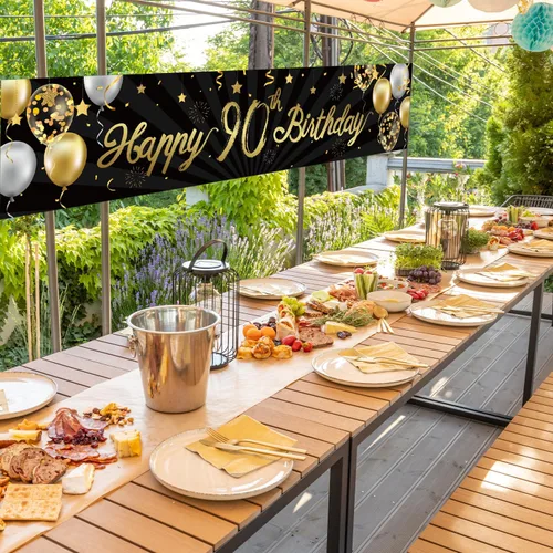 Miniatura 6 de Cartel de feliz cumpleaños 90 para hombres y mujeres, letrero negro y dorado con purpurina de 90 años, suministros de decoración de fiesta