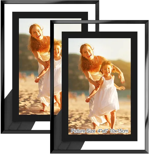 HIKWADERY Marcos de fotos de 4 x 6 pulgadas, color negro, juego de 2, marcos de fotos de vidrio real HD de 4 x 6 para exhibición de mesa, regalos de