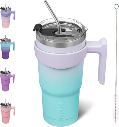 Miniatura 21 de BJPKPK Vaso con asa de acero inoxidable de 20 onzas, con aislamiento de doble pared, con tapa y pajita, color rosa claro A-rosa claro